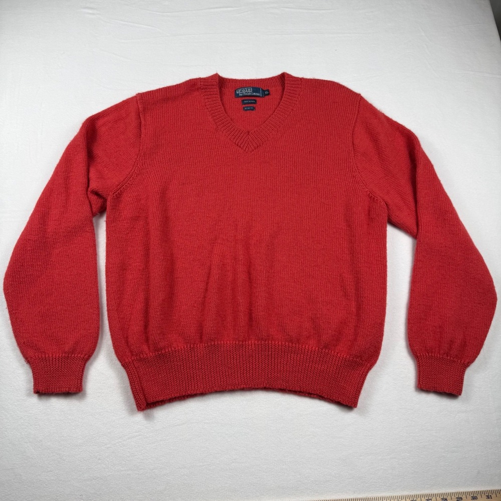 Vintage Polo‎ Ralph Lauren 100% Alpaca V Neck Sweater Mens XL Slim Fit Red